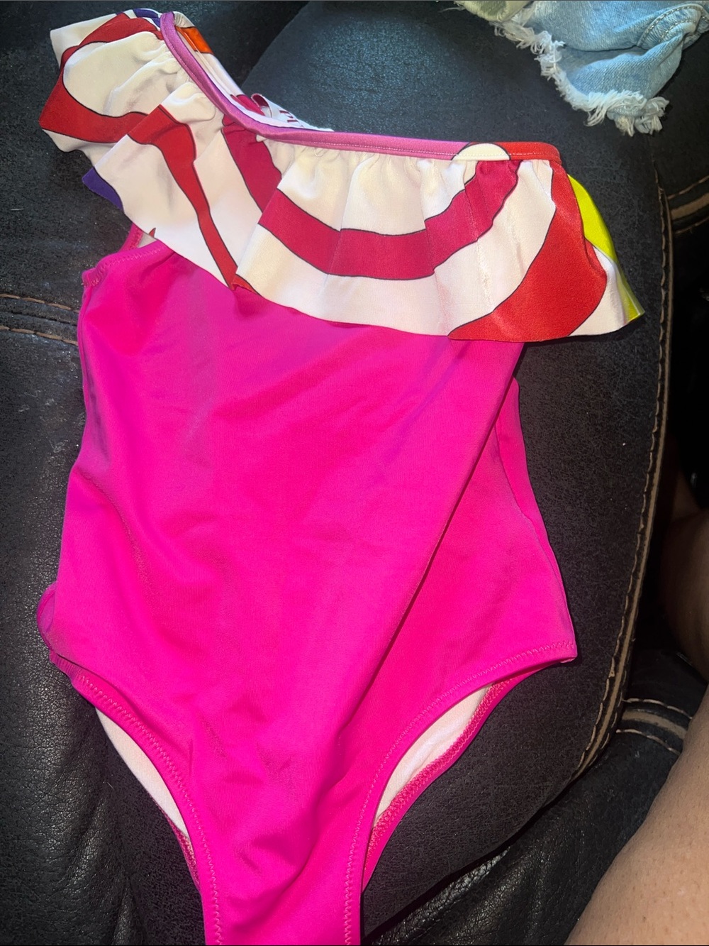 Emilio Pucci Hot Pink One-Shoulder Ruffle Swimsuit with Multicolor Trim